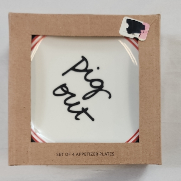Formation Brands White Red Set Of 4x Appetizer Plates Black Text "Pig Out" NWT - Picture 1 of 9